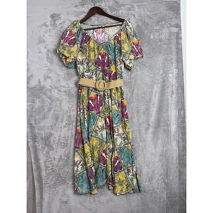 Loft‎ Ann Taylor Palm Rafia Belt V-Neck Midi dress Midi Dress